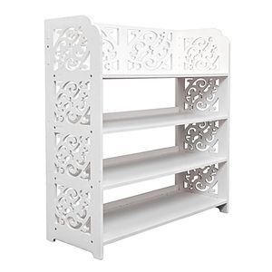 Scarpiera Moderna in Legno Bianco Stile Rustico a Quattro Ripiani Intagliata con Scaffalatura Regolabile per Casa o Palestra - Product Image 2
