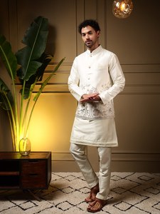 Conjunto de pantalón y kurta Daman Koti de seda pesada para hombre con bordado y lentejuelas, traje étnico de seda slub para fiestas y bodas. - Product Image 6