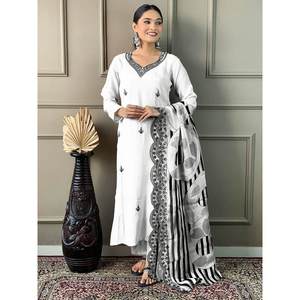 Blanco Modesto Estilo Romano Seda Secuencia Bordado Trabajo Modesto Vestido de Noche Dupatta Atractivo Lentejuelas Decoración Parte Superior Inferior - Product Image 5