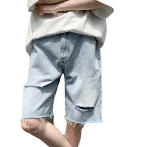 กางเกงยีนส์ขาสั้นผู้ชายสำหรับฤดูร้อน เอวกลาง ปักลาย ยืดได้ ขาดๆ ทรงสลิมตรง ผ้าฝ้าย 100% สไตล์วินเทจ สปอร์ต แฟชั่นสตรีทแวร์ - Product Image 1