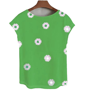 Venta al por mayor: Nuevo estilo de verano para mujer, camiseta holgada de algodón y elastano con estampado de flores de manzanilla, transpirable, antipilling, cuello en V y manga corta. - Product Image 2