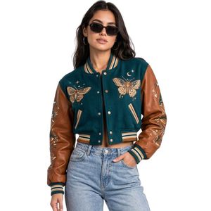 Chaqueta Varsity Corta con Ribete a Rayas de Dos Tonos, Cuerpo de Lana, Mangas de Cuero, Bordada, para Mujer - Product Image 1