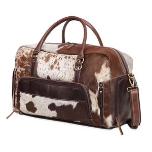 FAZMAX Bolsa de viaje de cuero de vaca, forma rectangular, cierre con cremallera, múltiples compartimentos, bolsa de viaje unisex, color marrón y blanco - Product Image 4