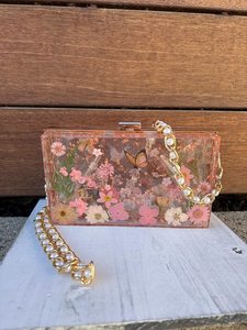 Bolso de Noche Ecológico con Cadena de Perlas y Flores Prensadas, Diseño de Rosa en Resina - Product Image 4