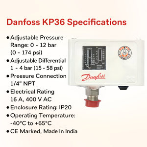 แดนฟอสส์ KP36 สวิตช์แรงดันอัจฉริยะ 0.2 ถึง 17 บาร์ ควบคุมปั๊มลม พลาสติกสีขาว IP30 เกลียว G1/4 - Product Image 2