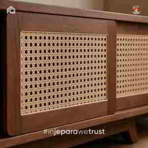 Meuble TV en teck et rotin de luxe, console de divertissement moderne de style mid-century pour salon, Indonésie - Product Image 2
