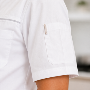 Veste de chef en fibre de bambou, anti-liquide, rafraîchissante, coupe classique, manches courtes, col mandarin, qualité supérieure, pour hôtel. - Product Image 5
