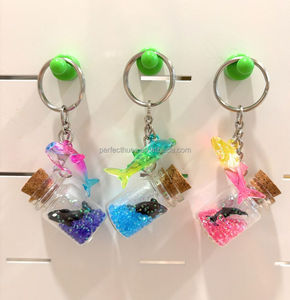 Cute Shark Charm Bottle Keychain with <b>Purple</b> <b>Glitter</b> and Cork Lid Acryl Animal Shape Zinc Alloy Ring - Product Image 3