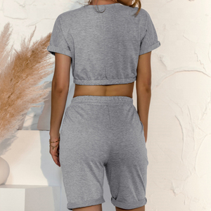Conjunto de Top Corto y Pantalones Cortos de Color Sólido Casual para Mujer, Cuello Redondo, Manga Corta, Cintura con Cordón, Algodón Ligero, Atuendo de Verano - Product Image 4