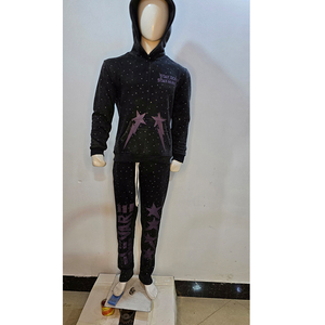 High Quality Breathable Lightweight Winter Casual Solid Hooded Rhinestone Acid Wash Flare Sweatpants Zip 2 Piece Set 100% Cotton - Product Image 1