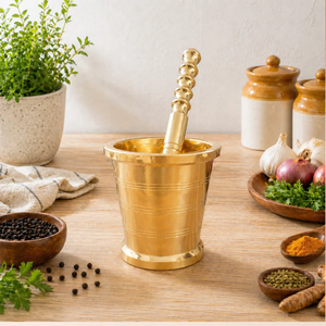 Sleek brass mortar pestle set featuring a stylish textured handle for easy grinding, available at wholesale prices. - Product Image 3