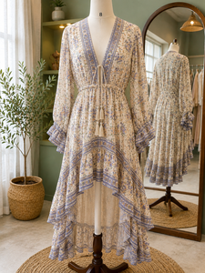 Robe midi bohème pour femme, motif animalier et floral, ourlet à volants, manches longues, col en V, décontractée, été, bureau, XS - Product Image 2