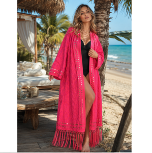 Kimono de seda moderno para mujer, cómodo, estilo bohemio, con bordado y flecos, ropa de playa, cubre bikini, ropa de estar por casa y ropa informal. - Product Image 4