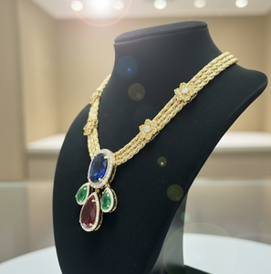 Collar vintage de 16 pulgadas con múltiples piedras preciosas, azul ovalado, verde pera, granate, plata de ley 925, chapado en oro de 18 quilates, a precio de mayorista. - Product Image 2