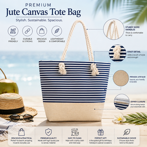 Sac de plage en toile de jute rayée de qualité supérieure |   Sac de courses réutilisable écologique avec poignées en corde, fermeture éclair et logo personnalisé - Product Image 6