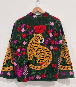 Bata de mujer con cuello en V, 100% algodón, reversible, con bordado floral azul, tipo kimono largo, con cinturón, para estar en casa, hecha a mano - Product Image 1