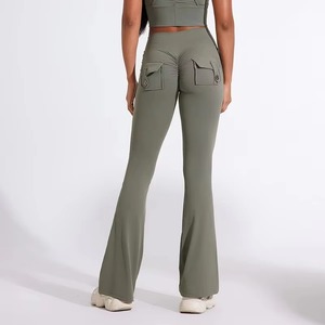 Wholesale Women High Waisted <b>Flare</b> Pants Custom Logo V Cross Waist Yoga <b>Leggings</b> Spandex Activewear Trousers - Product Image 3