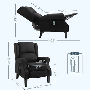 Manual Recliner Massage Chair with <b>Heat</b> Genuine Leather Upholstery <b>USB</b> Feature Remote Controller and Side Pocket Black - Product Image 3