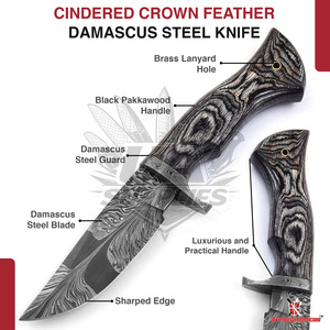 Couteau de chasse et de camping à lame fixe en acier Damas forgé à la main, motif mosaïque et motif plume de palmier, avec étui en cuir OEM ODM - Product Image 2