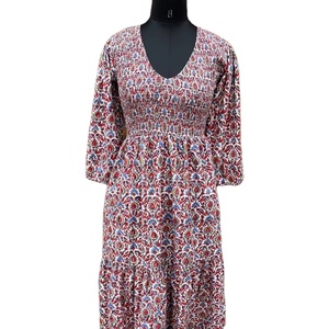 Vestido Midi Bohemio de Algodón Hecho a Mano en India, con Estampado Floral, Cuello en V, Informal, para Fiesta, Talla Grande, Artesanal - Product Image 1