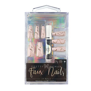 Kit Completo de Uñas Postizas Largas de ABS con Cristales, Forma Ataúd, Longitud Salón, 24 Piezas, Estampado Dorado, Acento Nude, DIY OEM/ODM Helios - Product Image 3