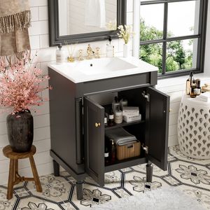 Mobile bagno moderno da 24 pollici con lavabo singolo e ripiani a 2 livelli, ampio mobiletto contenitore per bagno con lavabo singolo - Product Image 3