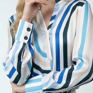เสื้อเชิ้ต<span class=keywords><strong>ผู้หญิง</strong></span>คอวีแขนยาวลายทางสไตล์โมเดิร์นสำหรับชุดลำลองทางธุรกิจหรือชุดไปชมงานศิลปะ - มีสไตล์และใช้งานได้หลากหลาย - Product Image 3