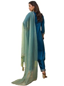 Ensemble Salwar Kameez en soie bleue traditionnelle avec poignets brodés et dupatta pour femmes, tenue décontractée, style Inde Pakistan - Product Image 4
