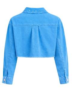 Veste en jean courte bleue personnalisée pour femme avec boutons sur les épaules ornés de strass, manches longues, style décontracté streetwear - Product Image 2