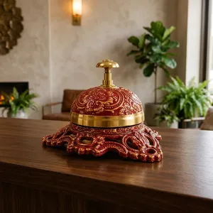 Cloche de service en laiton, cloche de réception décorative avec motif floral en émail rouge, cloche de table de style antique pour hôtel, bureau - Product Image 1