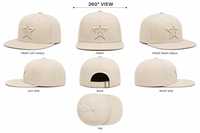 Casquette beige à 5 panneaux, broderie 3D étoile, visière plate, étiquette tissée en acrylique, logo personnalisé, style streetwear