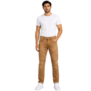 Customized Camel Brown <b>Men</b> Slim Fit Biker Jeans <b>Stretch</b> Denim Pants Ribbed Knee Detail Casual Streetwear Fashion Trousers - Product Image 1
