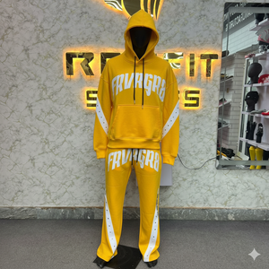 Rhino Fitness Herren Herbst Übergrößen Blauer Kapuzen-Trainingsanzug Set Locker Sitzend Leichtgewichtig Streetwear Vollständige Länge Baumwoll-Sweatshirt und Hose - Product Image 3