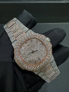 Luxury Iced Quartz Stainless Steel Rose Gold Tone Analog Glass Dial <b>Watch</b> with Bracelet Clasp and Date Display - Product Image 4