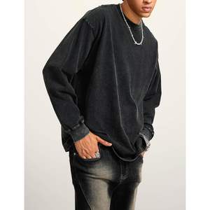 2025 Camisetas Básicas de algodón con lavado ácido de gran tamaño para hombres, sudadera de manga larga con cuello redondo, ropa de calle Vintage, camisetas de talla grande - Product Image 6