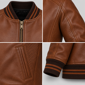 Blouson aviateur en cuir marron pour homme avec panneaux perforés, col et poignets côtelés et fermeture éclair sur le devant - Product Image 5