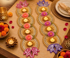 Traditional Metal Floral <b>Candle</b> Holder Set With Beaded Design For Diwali Indoor Tabletop Home Decor Living Room Use - Product Image 1