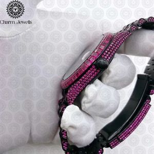 Montre de luxe pour homme Charm_Jewells en acier inoxydable, boîtier de 40 mm, cadran analogique mécanique avec cristaux violets, bracelet tendance hip-hop - Product Image 4