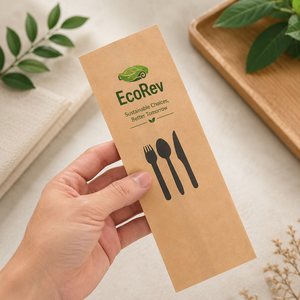 EcoRev ECO60 Model <b>Biodegradable</b> Cutlery Bags White <b>Paper</b> Twisted Handles Offset Printing Self Adhesive Seal Classic Style Food - Product Image 4