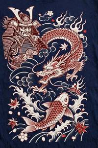 Kaos Pria Lengan Pendek Biru Dongker Kerah O Gaya Jepang dengan Cetakan Naga Ikan Koi 100% Poliester Bernapas - Product Image 6