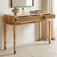 Table console moderne contemporaine en bois de palissandre avec tiroirs en métal doré cannelé pour hôtel, salon, salle à manger