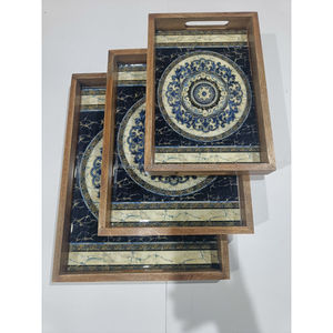 Ensemble de plateaux de service en bois de manguier faits à la main, décoratifs, avec poignées, motif lotus émail vert sarcelle, pour le petit-déjeuner et le service - Product Image 3