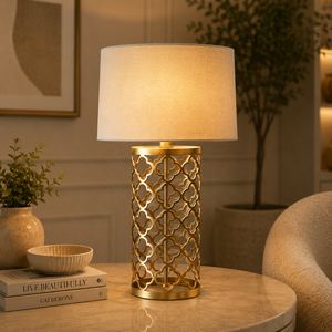 Moroccan Lattice Metal Table Lamp with Antique Gold Iron Cutwork Base Premium Linen <b>Drum</b> <b>Shade</b> Warm Ambient <b>Lighting</b> - Product Image 1