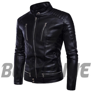 Men's Black PU Leather Moto <b>Biker</b> <b>Jacket</b> Slim Fit Stand Collar Zipper Closure Autumn Wear - Product Image 4