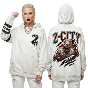 Sweat-shirt court noir personnalisé à fermeture éclair pour femme, motif graphique zombie « Error 404 Glitch » et code matriciel imprimé sur les manches, effet délavé vintage - Product Image 6