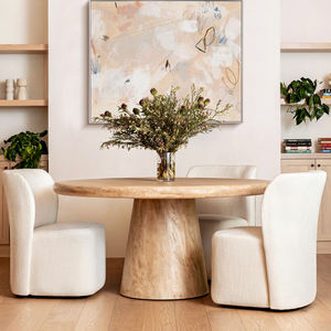 Table de salle à manger ronde en bois d'acacia massif, finition beige sablée, avec base sur piétement, idéale pour bistrot, maison, cuisine ou restaurant - Product Image 1