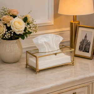 Vintage Glass Tissue <b>Box</b> Holder Decorative Gold Metal Frame Luxury Tissue Case for Home Hotel Bathroom <b>Vanity</b> Table Décor - Product Image 5