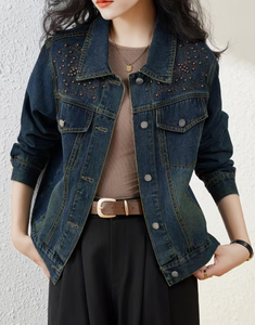 Chaqueta Vaquera para Mujer con Decoración de Cuentas, Estilo Vintage Casual, para Otoño - Product Image 1