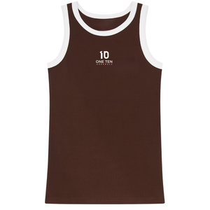 Custom <b>Women's</b> Brown Ribbed Tank <b>Top</b> with <b>White</b> Contrast Trim Premium Cotton Sleeveless Casual Summer <b>Vest</b> OEM ODM Wholesale - Product Image 1