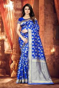 Sari Banarasi con bordado tradicional Zari Buti, borde tejido a mano, para fiestas, festivales, precio al por mayor desde India - Product Image 2